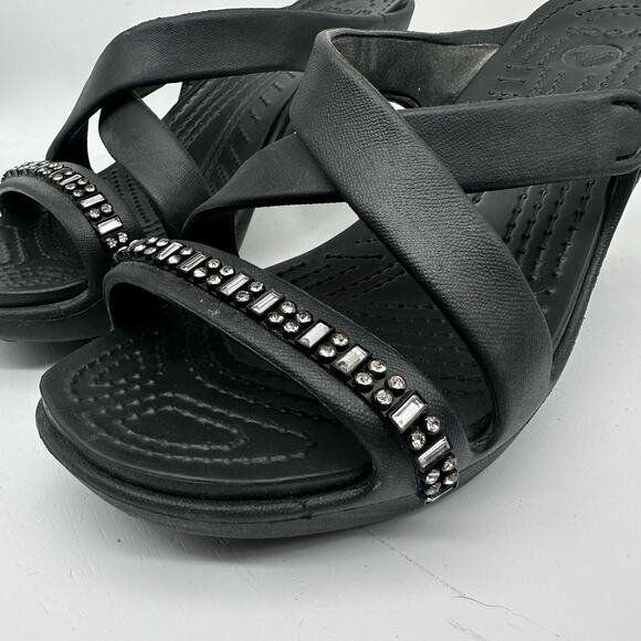 Crocs Cyprus IV Black Rhinestone Stacked Heel Sandals Women's Size 9 202267 - Picture 3 of 13